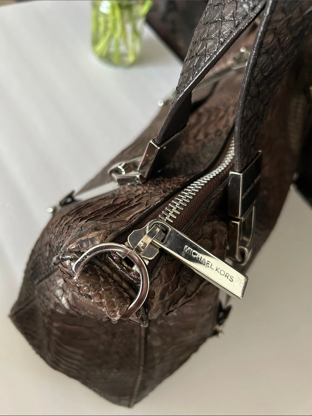 Michael Kors Brown Textured Leather Satchel with Silver-Tone Hardware